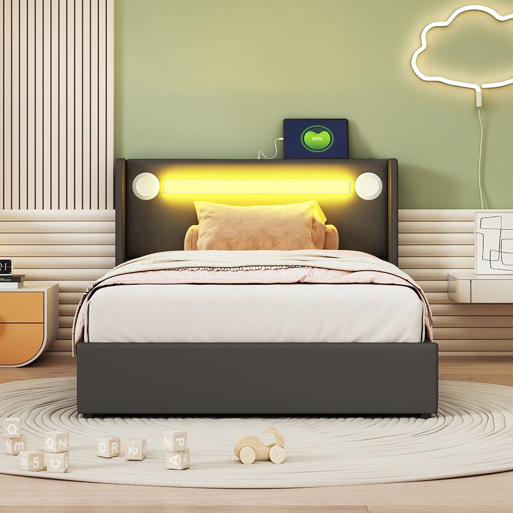 Lit Enfant 90x200 Cm Avec Tête De Lit Fleur LED - Rembourré Velours/PU - Cadre Bois, Sommier à Lattes - Pour Fille, Garçon