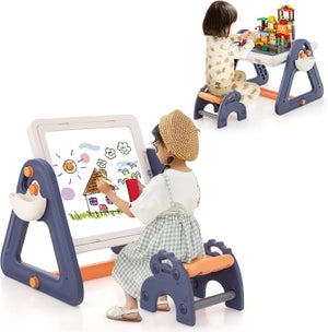 GYMAX Set Di Tavolo E Sedia Per Bambin 6 In 1, Cavalletto Pieghevole Con Base Per Blocchi Reversibile, 4 Cestini, 100+ Accessori, Tavolo Da Gioco Con - 4