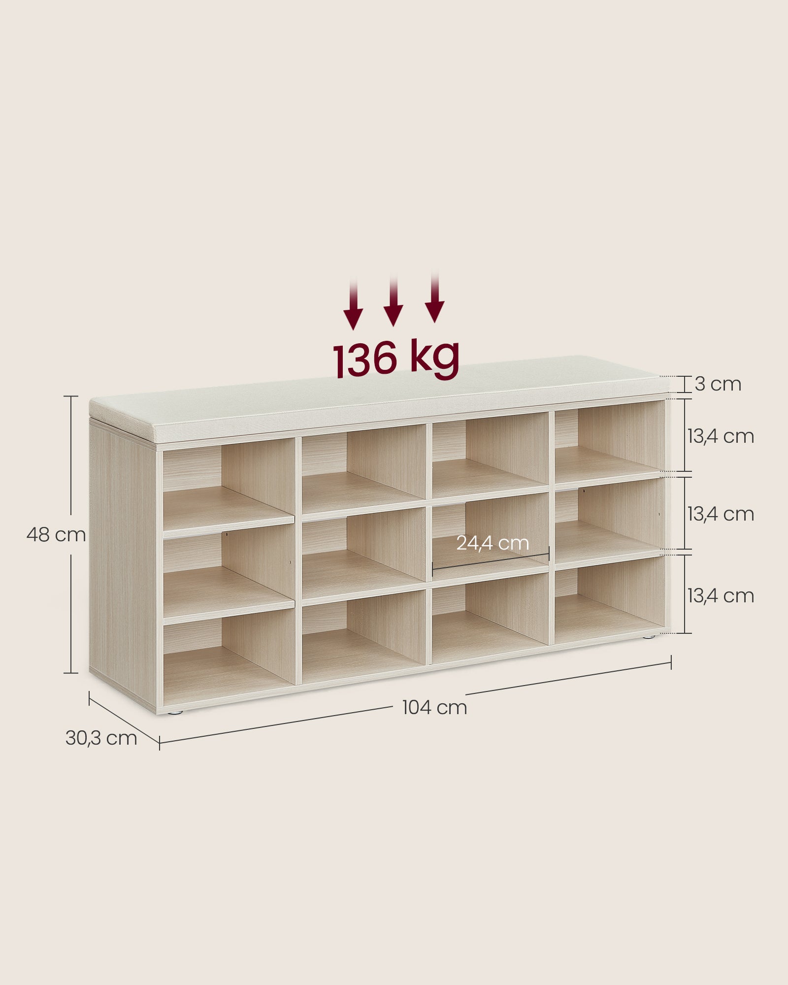 Banc à Chaussures, Assise Rembourrée et 12 Compartiments, Étagère Porte-chaussures, Capacité de Charge 136 kg, Beige Naturel - 5