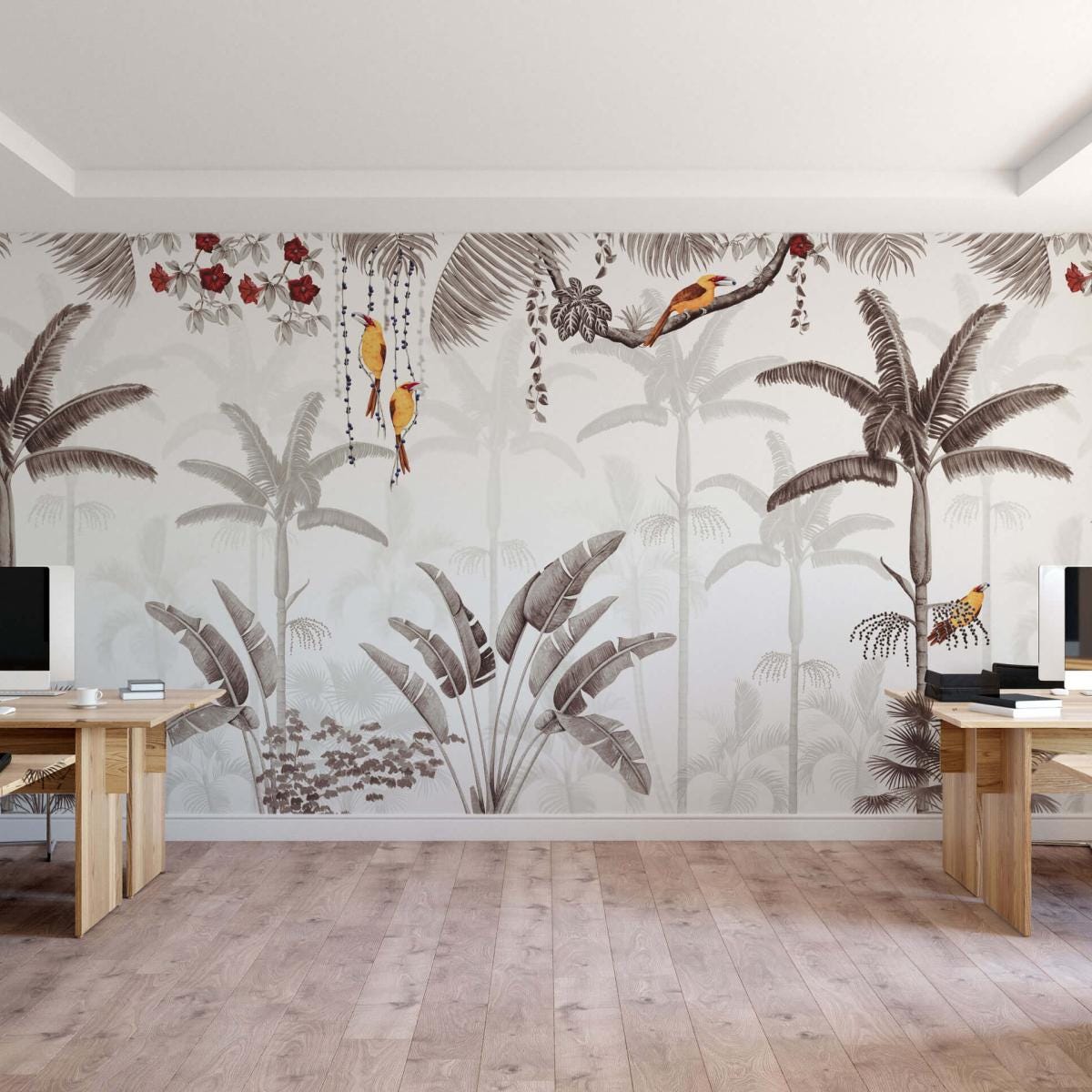 Papier Peint Panoramique Et Jungle Avec Oiseaux Et Plantes Tropicales papier-peint-panoramique-et-jungle-avec-oiseaux-et-plantes-tropicales
