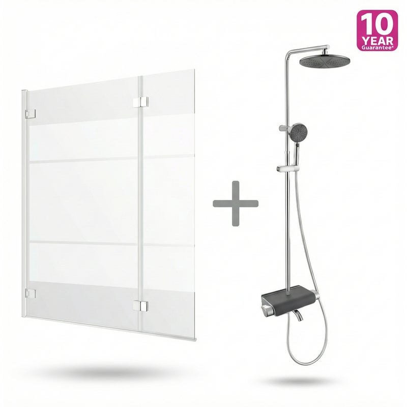 Zestaw 3w1 Parawan Nawannowy Składany 3-Częściowy 125cm + Kolumna Termostatyczna z Wylewką - Szkło z Nadrukiem - Blokada 38°C - Chrom - Regulacja