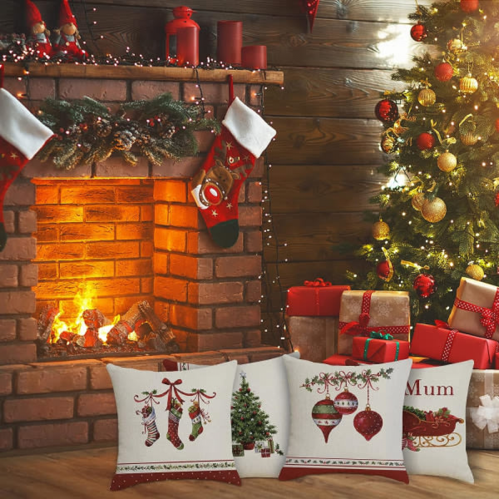 45x45cm (quattro stili) 4 pezzi Federe decorative per cuscini natalizi per soggiorno di famiglia - 4