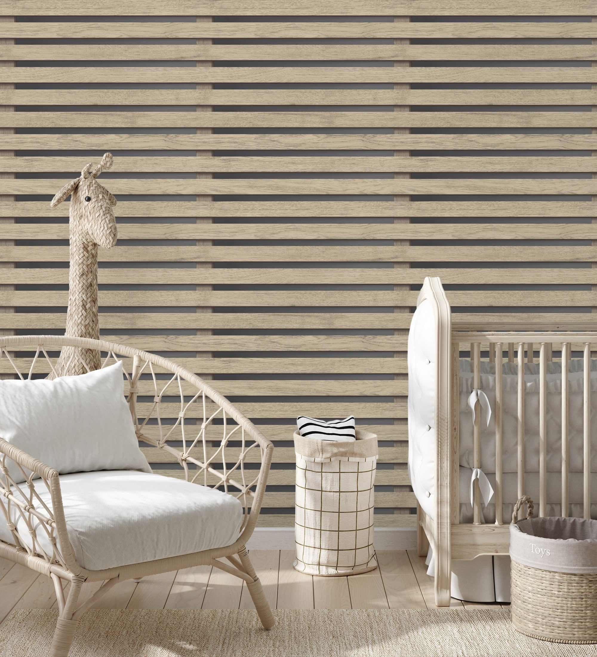 Papier peint baguettes de bois naturel en panneaux sur fond foncé - Thabo 681958 de GAULAN - Rouleaux de 10 m x 0,52 m - 9