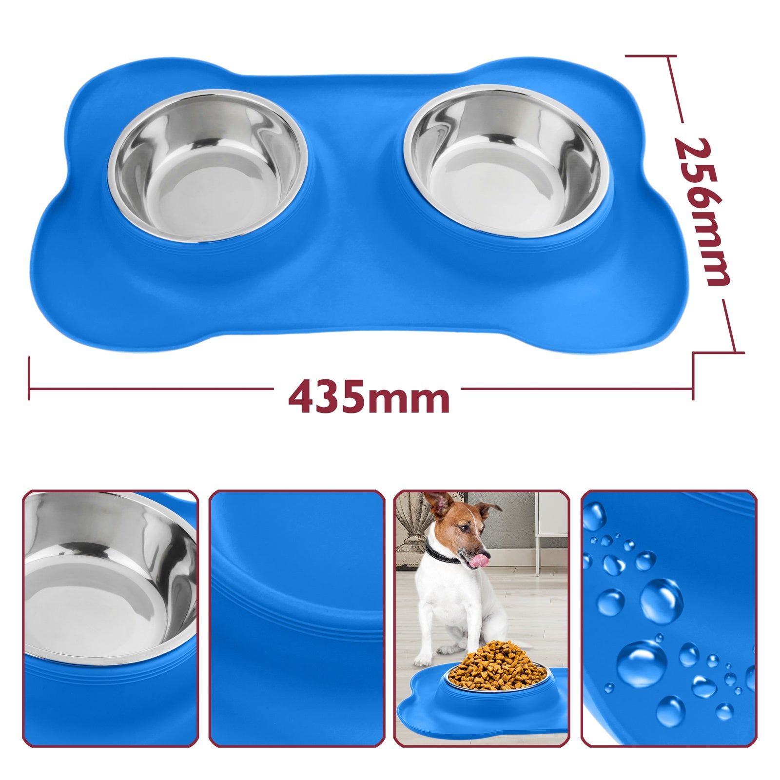 Ciotola Doppia per Cani e Gatti, 2 Ciotole in Acciaio Inox da 500 ml, Base in Silicone Antiscivolo, Colore Blu - 3