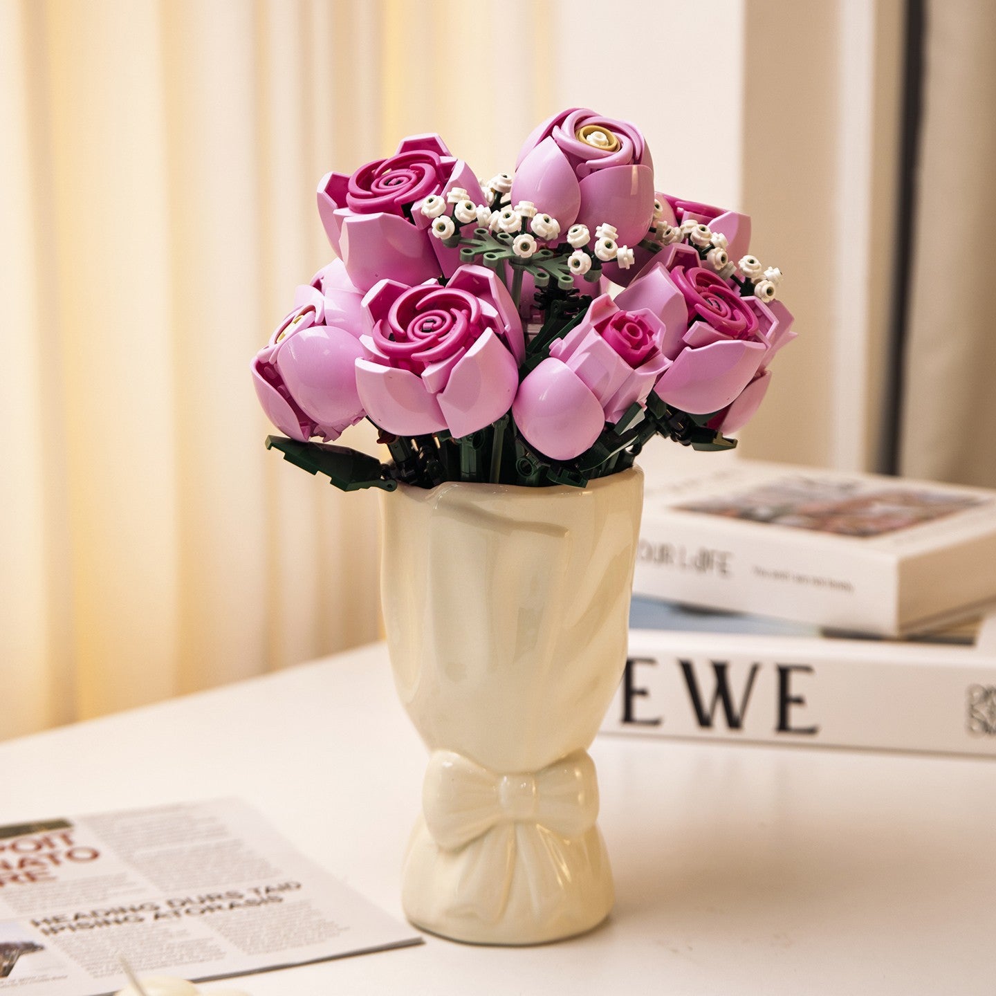 Bouquet de roses artificielles roses - Blocs de construction pour adultes, décoration intérieure - Cadeau de Noël - 3