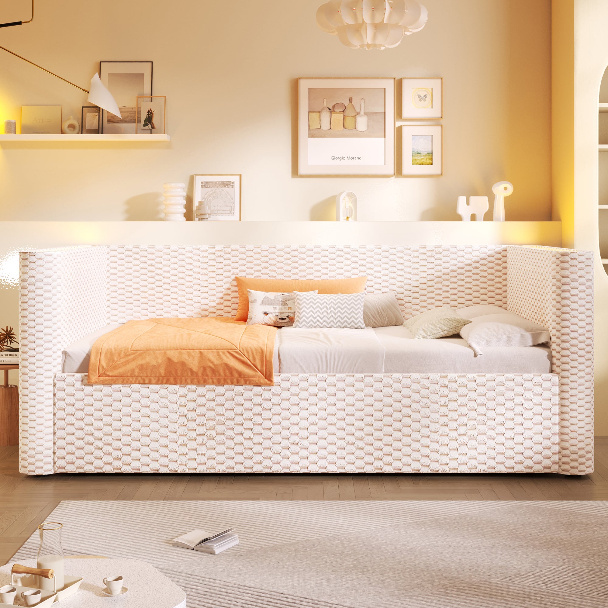 Rozkładana sofa z pojemnikiem 90x200 cm - z oświetleniem LED - stelaż lamelowy - welur - beżowy​ (materac nie jest wliczony w cenę) - 3