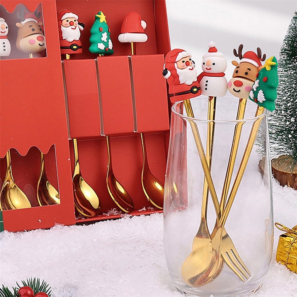 Set 6 Cucchiaini Di Natale In Acciaio Inox – Con Motivi Di Babbo Natale, Albero E Renna, Lucidati A Specchio, In Scatola Regalo