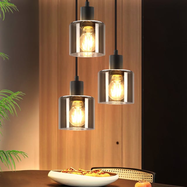 NETTLIFE Lampada a Sospensione Vetro Nero Diam.26cm E27 Soggiorno 3 Lampadine Lampada da Vintage Lampada Industriale Regolabile in Altezza