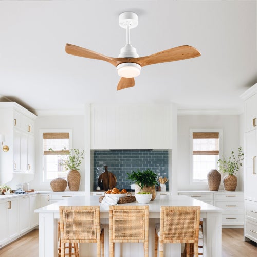 Ventilateur de plafond 114 cm - Avec éclairage et télécommande - Moteur DC réversible - 3 pales en bois - Blanc et naturel - 3