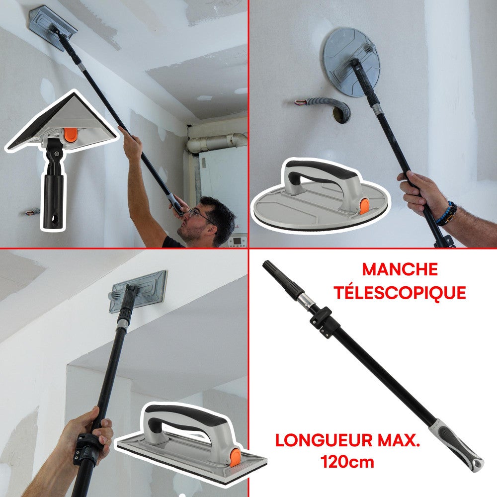 Kit ponçage plaquiste avec perche télescopique 1,2m - Ponceuse angle - circulaire - rectangulaire - détail - Feuilles abrasives - 2