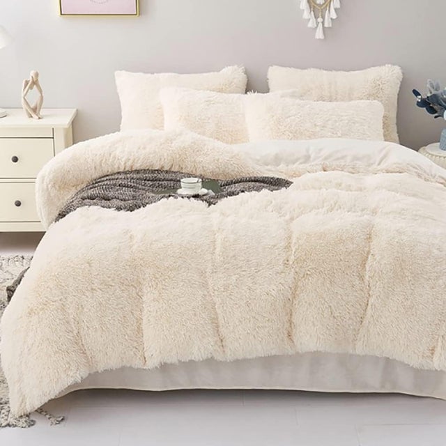 Housse de Couette Peluche 220x240 + 2 Taies 65x65cm - Blanc Crème