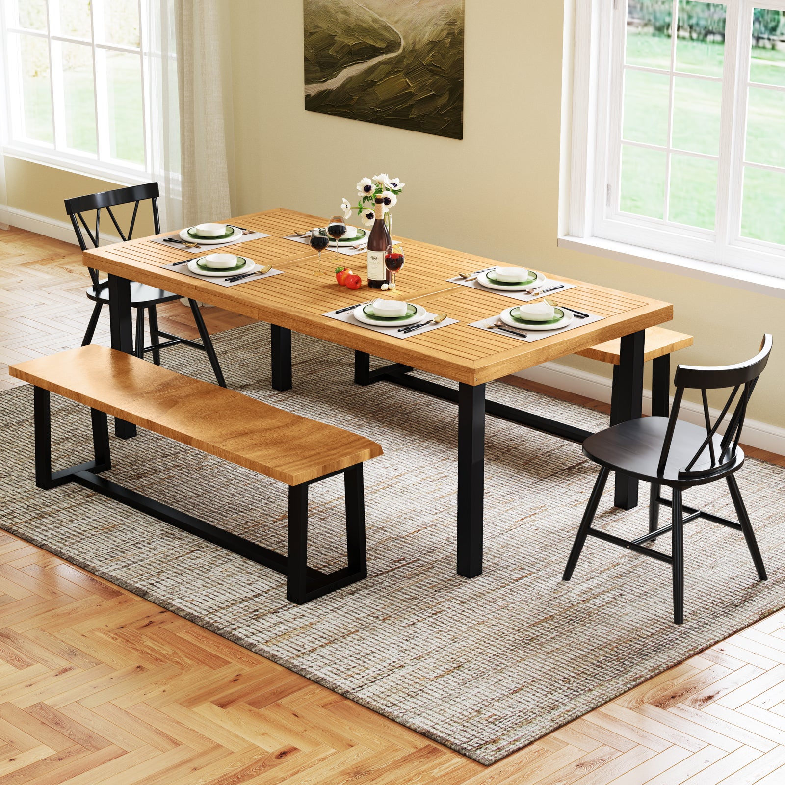 Table à Manger Extérieur en Bois d'Acacia Certifié FSC pour 8 Personnes, Table 200x100 cm avec Trou pour Parasol 5 cm, Pied en Métal - 9