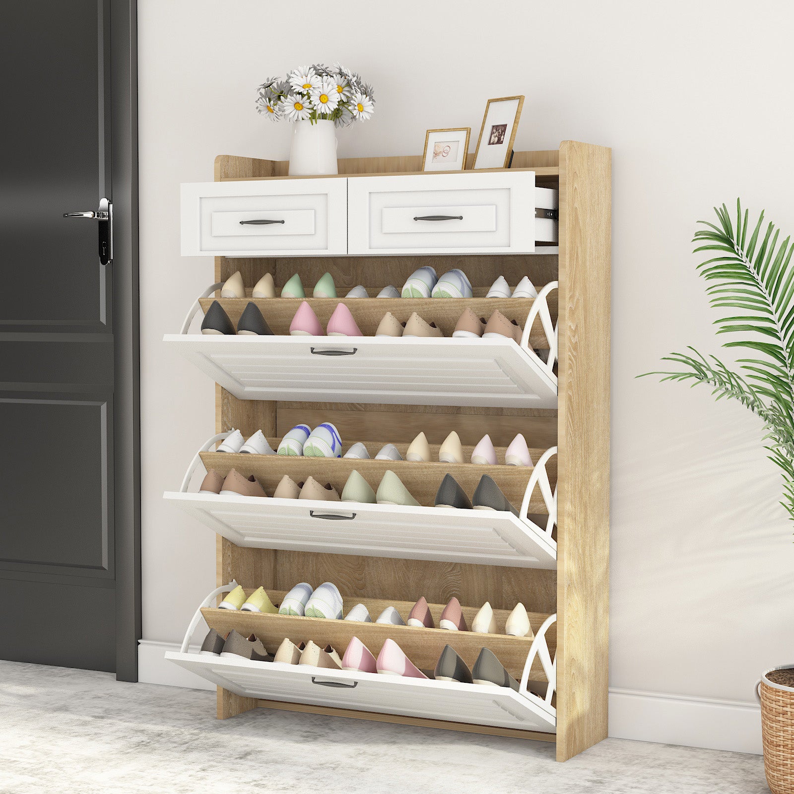 Szafka na buty 80x23,5x125cm - z trzema dużymi drzwiami uchylnymi - z 2 szufladami - biała + naturalna