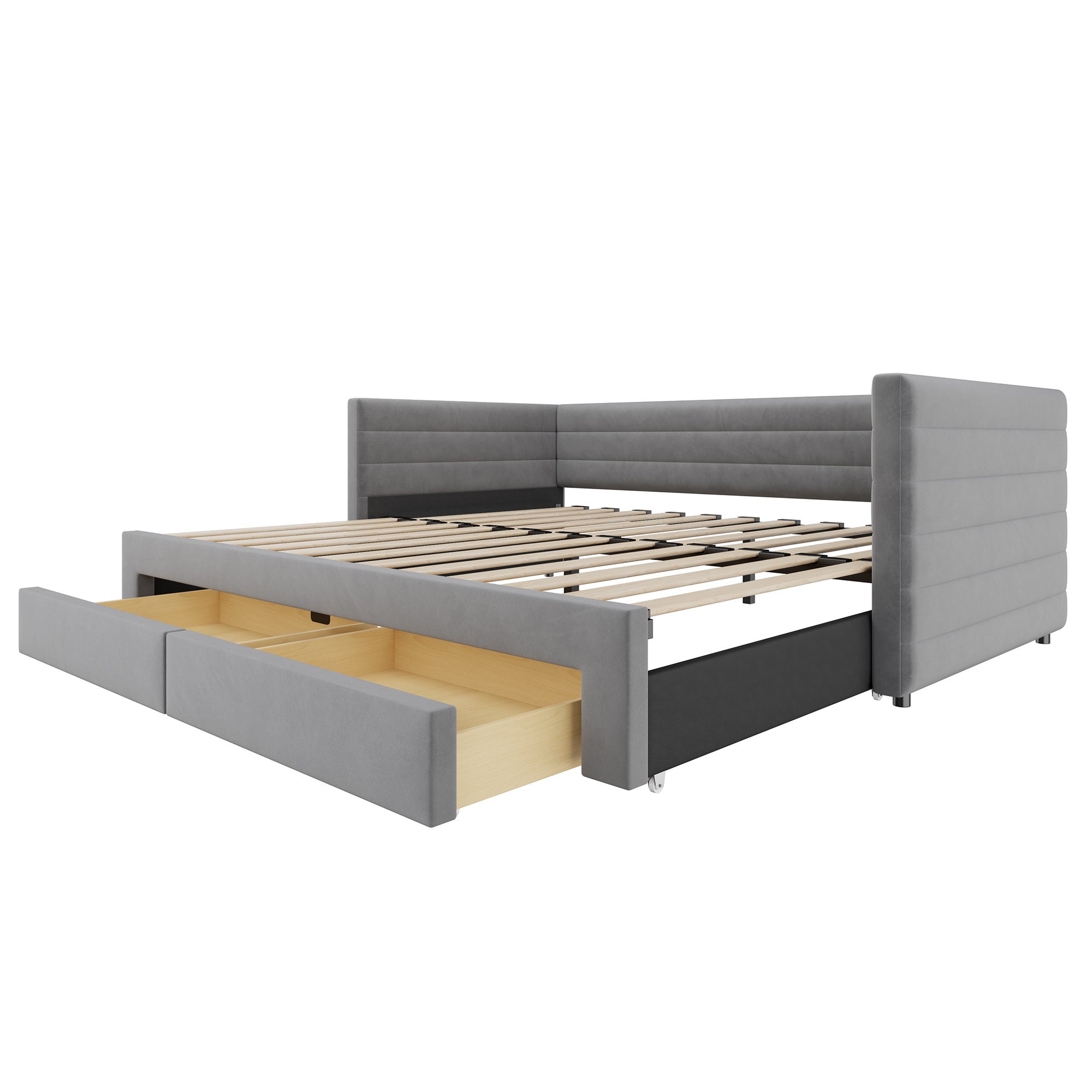Łóżko wysuwane 90/180 x 200 cm z zagłówkiem, sofa rozkładana - Tkanina lniana - Szary (Materac nie jest wliczony w cenę) - 9