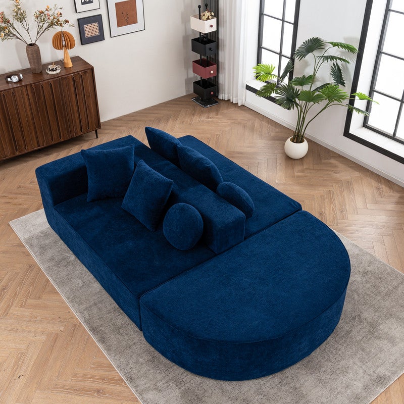 Canapé 5 places panoramique modulable - en tissu Chenille bleu - avec 6 oreillers - 263x171x66cm - 8