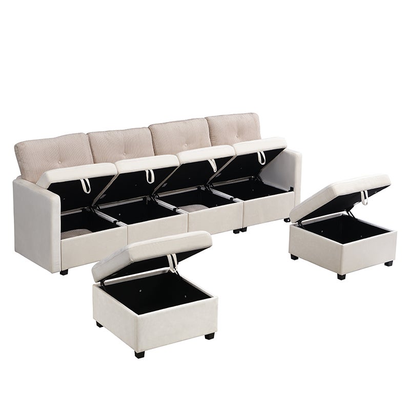 Canapé 6 places en forme de U - avec rangement - convertible multifonctionnel - velours + velours côtelé - beige - 9
