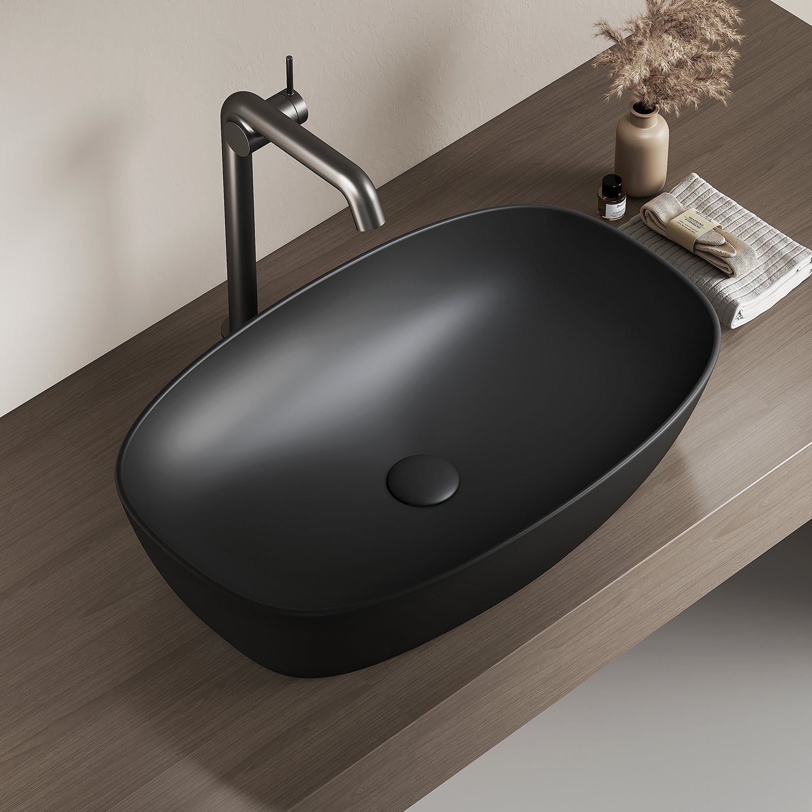EMKE Umywalka nablatowa 60x41.5x13.5 cm, Owalna Umywalka ceramiczna łazienkowa, Matowa Czerń