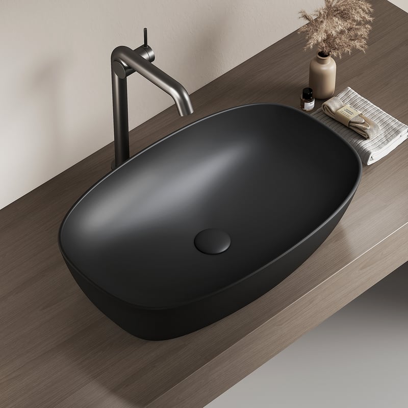 EMKE Umywalka nablatowa 60x41.5x13.5 cm, Owalna Umywalka ceramiczna łazienkowa, Matowa Czerń