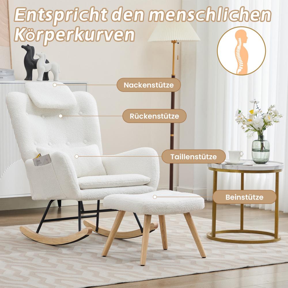 Fauteuil à bascule moderne blanc en tissu teddy avec repose-pieds, chaise de relaxation salon chambre confortable, capacité 100 kg - 7
