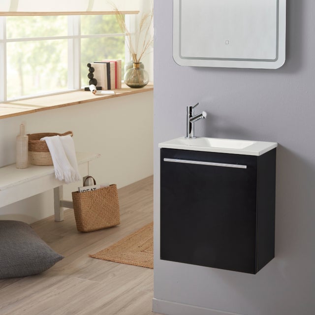 Pack lave-mains Noir Mat avec lave-mains extra fin blanc - Mitigeur à gauche - L.42.5 X H.48.6 cm - Hanos