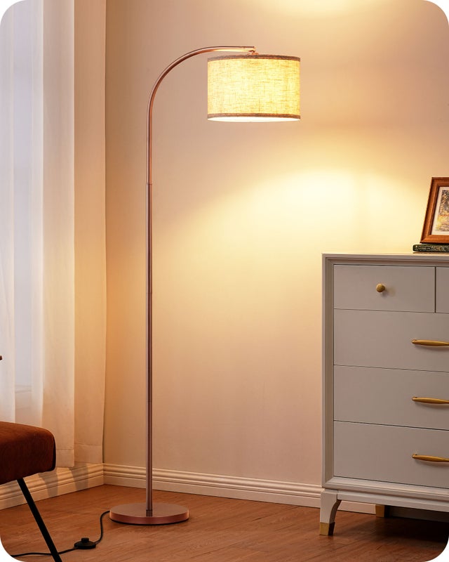 EDISHINE Lampadaire sur Pied Salon 161 cm, Lampe à Arc avec Abat-Jour Réglable en Lin Beige, Ampoule E27 LED fournie , Brun