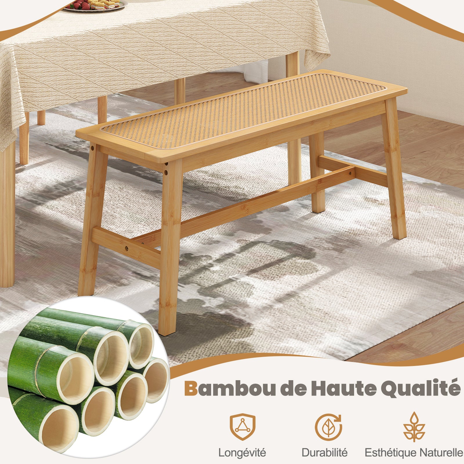 Banc de Salle à Manger en Bambou avec Assise en Rotin Tressé à la Main, Banc d'Intérieur pour Entrée, Ottomane pour Chaussures 100 x 35 x 45 cm - 5