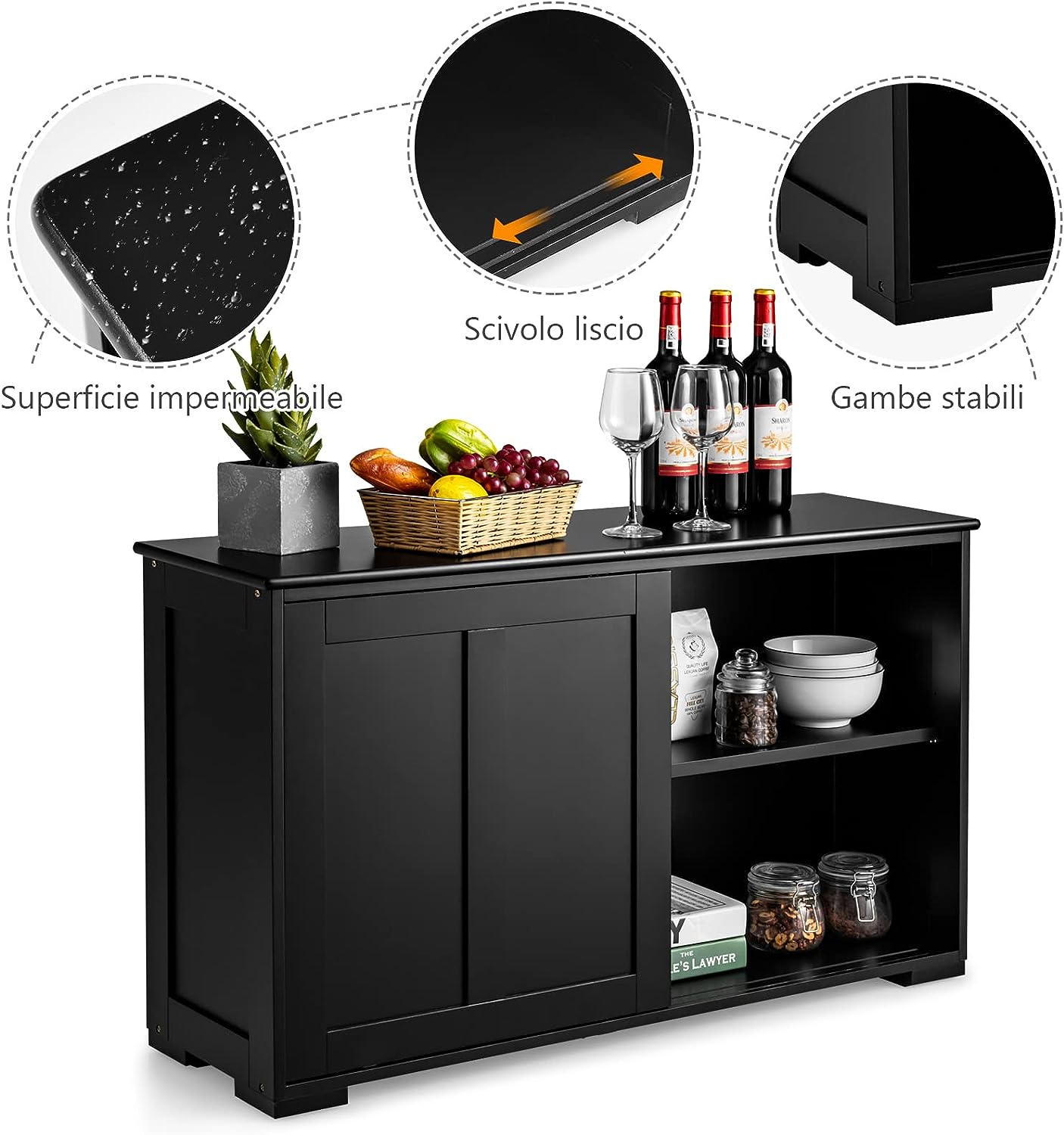 Buffet de cuisine avec porte coulissante, 107 x 33 x 60 cm, buffet bas avec étagère réglable - 8