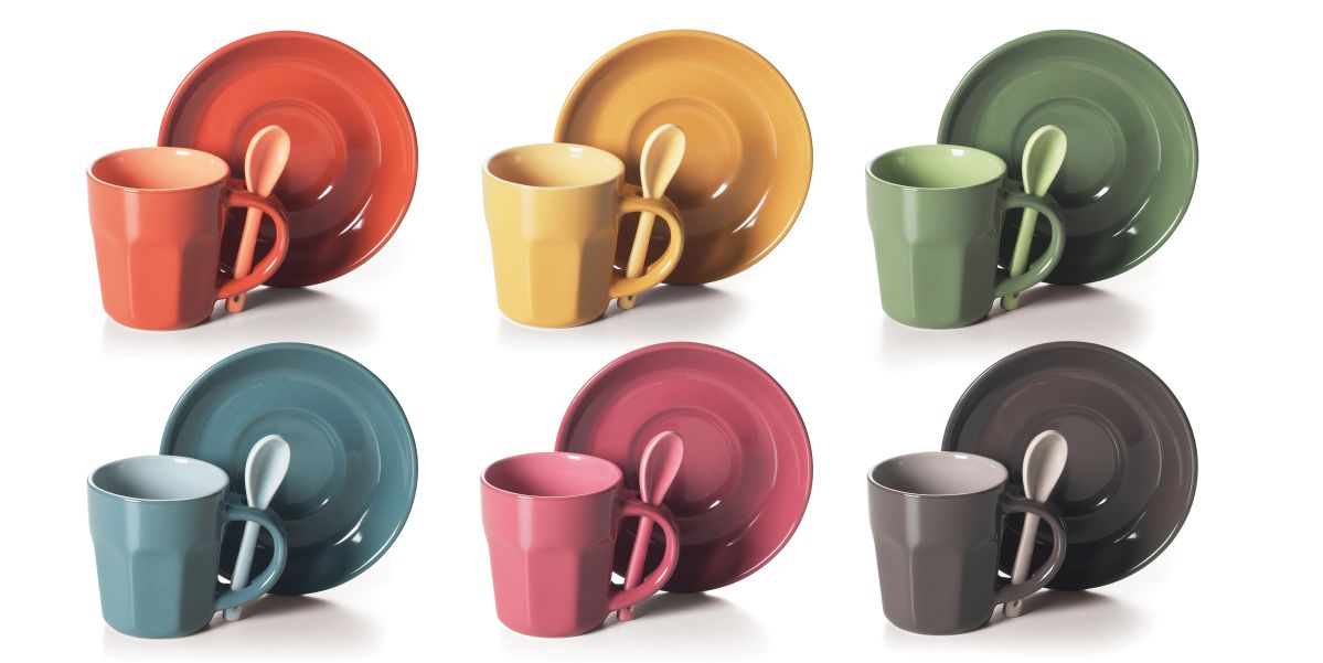 Set 6 Tazzine Caffè Excelsa Abbraccio In Ceramica, Multicolore Con Piattini E Cucchiaini, Lavabili In Microonde