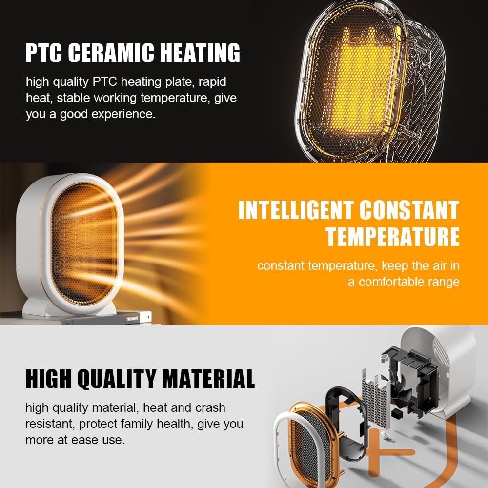 Mini radiateur soufflant à économie d'énergie en céramique, protection contre la surchauffe, faible consommation d'énergie de 1200 W - 3