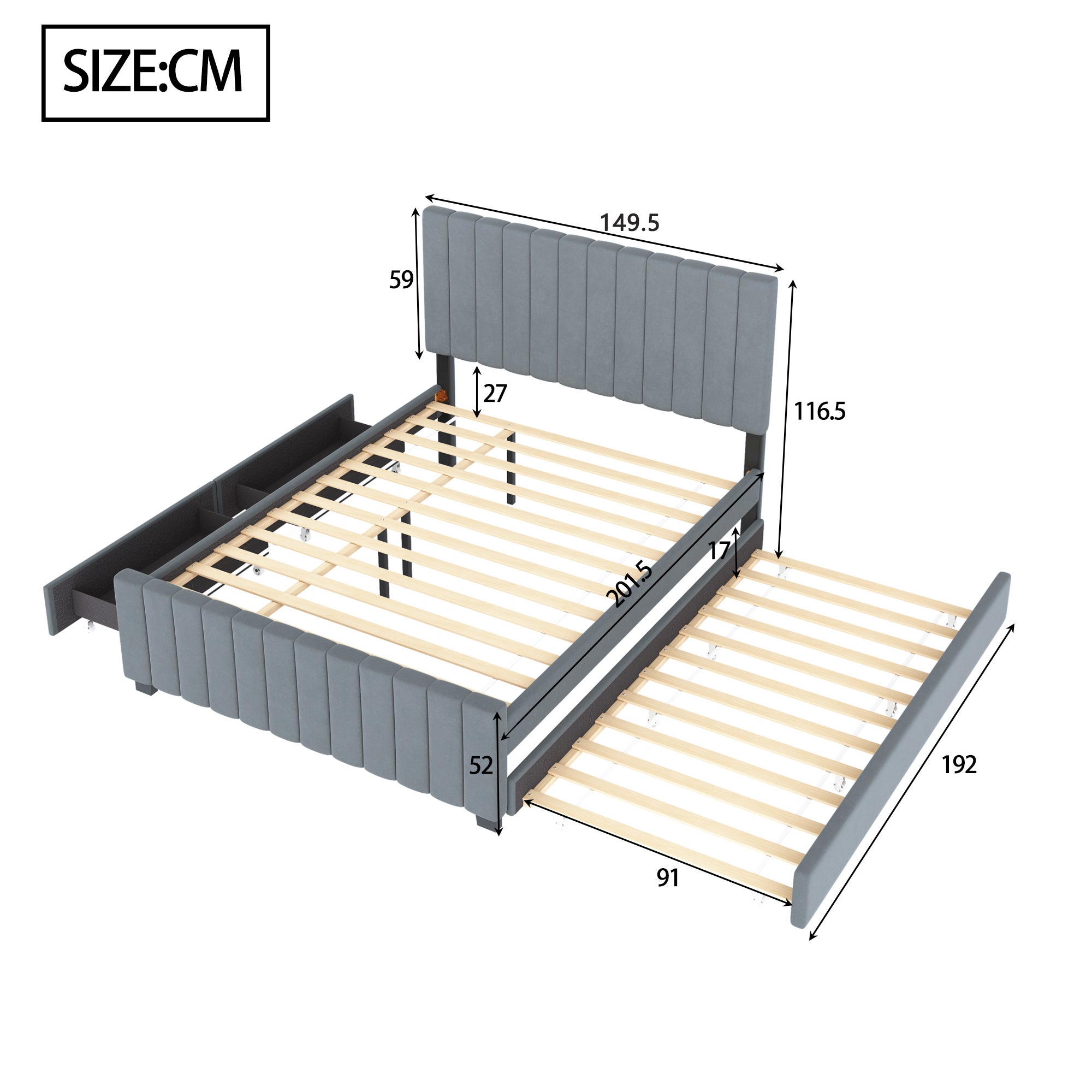 Lit gigogne 140 x 190 cm lit capitonné avec 2 tiroirs, velours, gris, sans matelas - 4