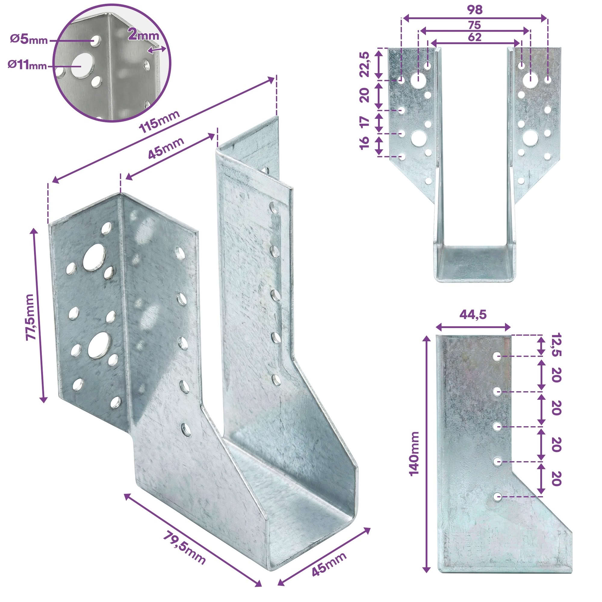 10 sabots de charpente à ailes extérieures - Connecteurs de poutres - Acier galvanisé - Larg 45 x Ht 140 mm - Fabriqué en Europe - 2