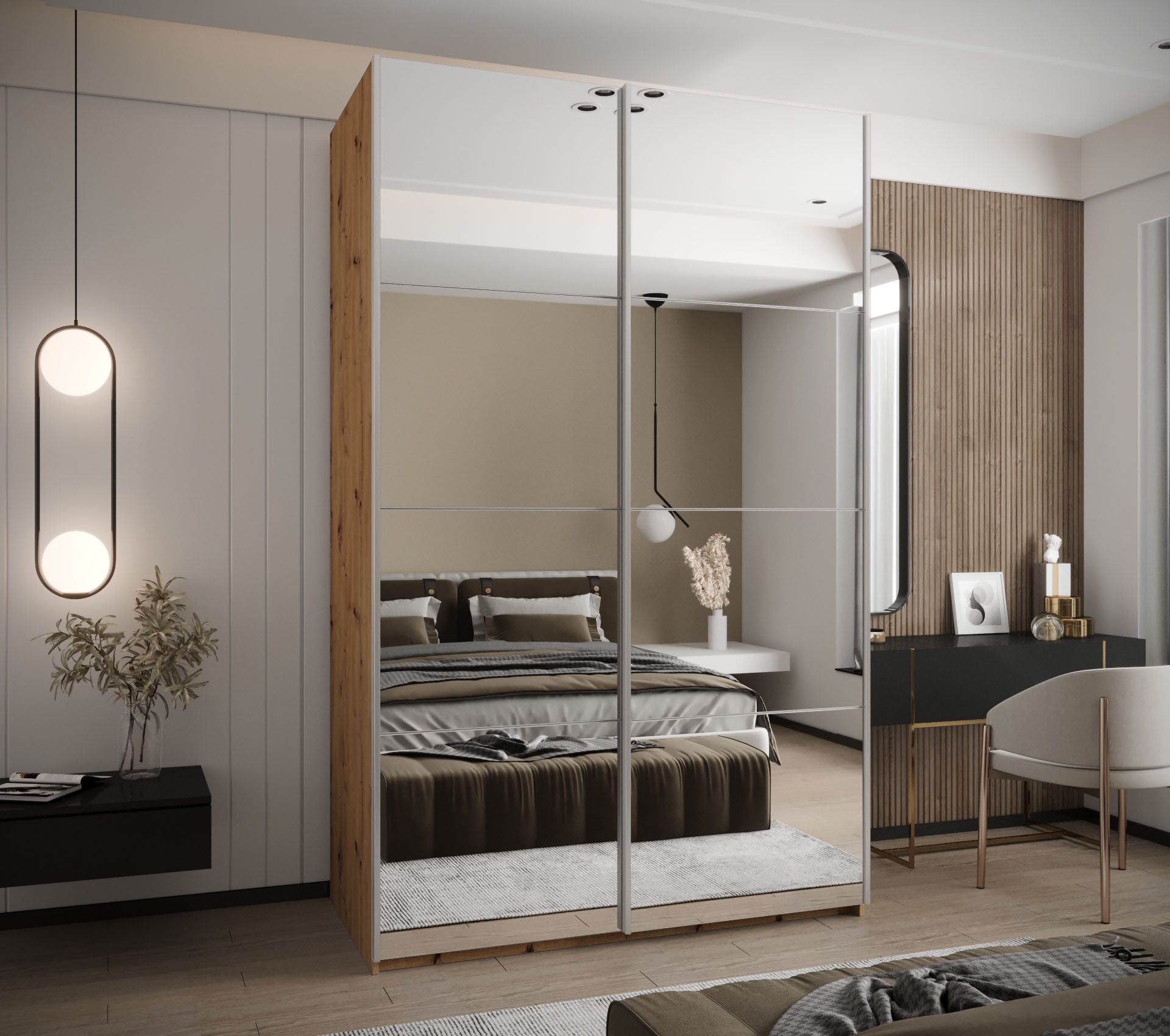 Szafa przesuwna wysoka Lux 2 160 x 64 x 245,5 cm artisan + biały + u. srebrny - Abiks Meble - 2