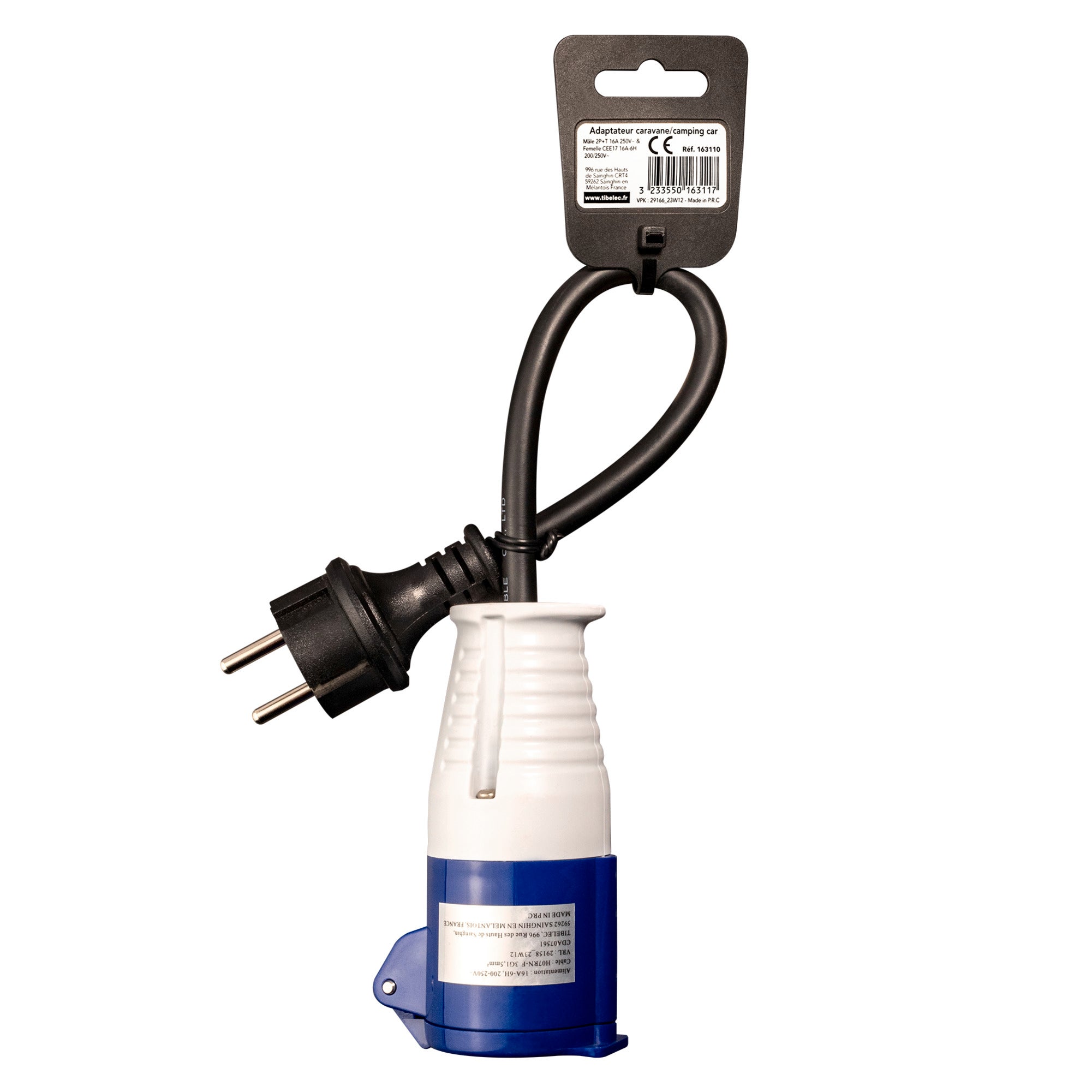 Adaptateur de camping, prise femelle CEE17, prise française mâle, IP44, section de câble 1.5mm2, 16 ampères - Tibelec - 4