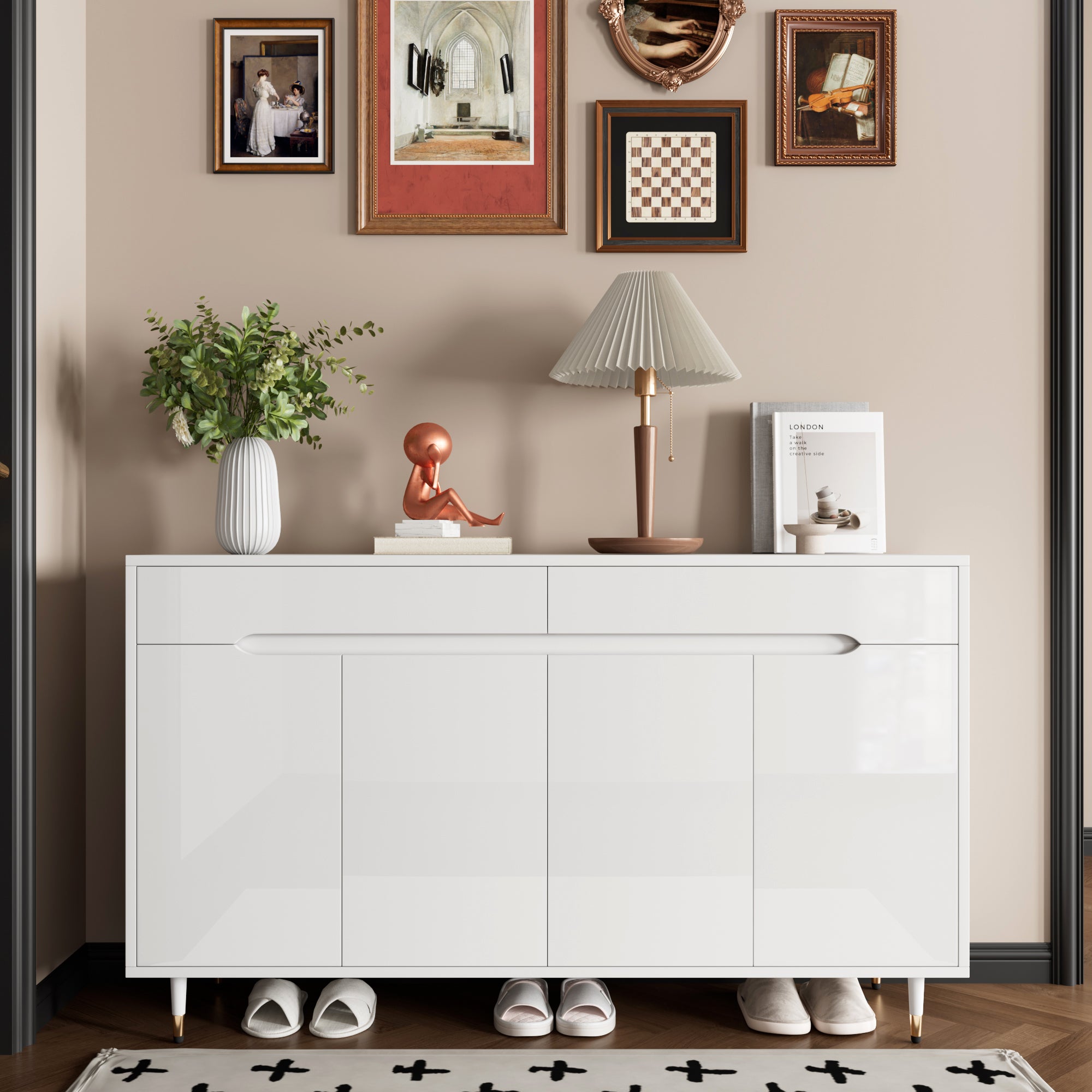 Meuble à chaussures moderne 140x39x84 cm - 2 portes et 2 tiroirs - Étagères réglables - Pieds dorés - Blanc - 3