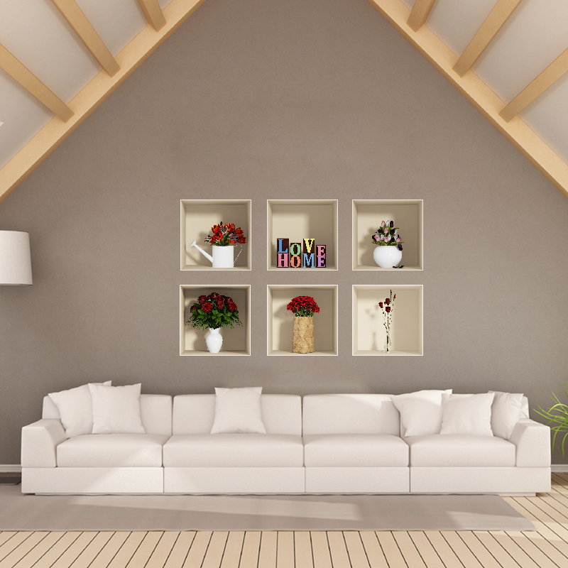 Packs de 6 vinilos 3d love home y ramos de las flores - adhesivo de pared - revestimiento sticker mural decorativo - 60x90cm