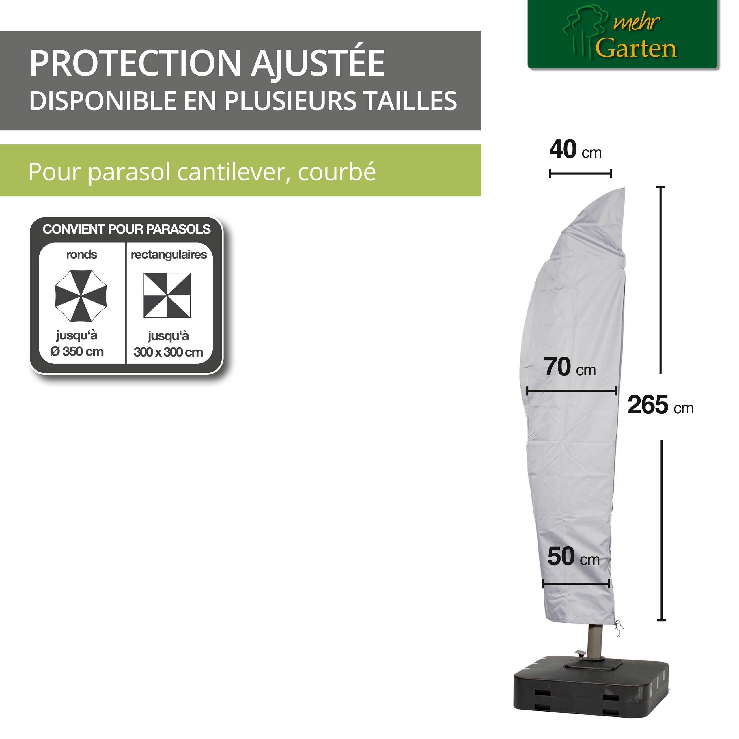 Mehr Garten - Pokrowiec na parasol Premium PROTECT, zakrzywiony stelaż, 265(wys.)x40/70/50(szer.) cm I okrągły parasol do Ø 350 cm I pokrowiec ochronn - 2
