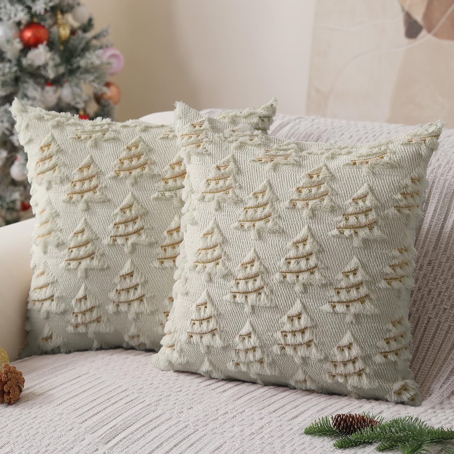 2 kremowe poszewki na poduszki świąteczne 50 x 50 cm, dekoracyjna poszewka na poduszkę w stylu boho, świąteczna poszewka na poduszkę na sofę