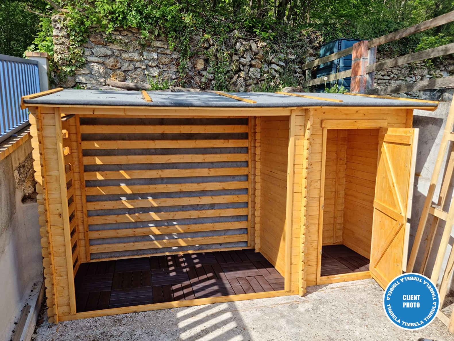 Abri de jardin+ Chalet pour vélos/ Bucher/Abri conteneur - Cabane de jardin avec Toit plat - 344 x 130 cm - 2,54 m2+1,1 m2 - TIMBELA M205 - 6