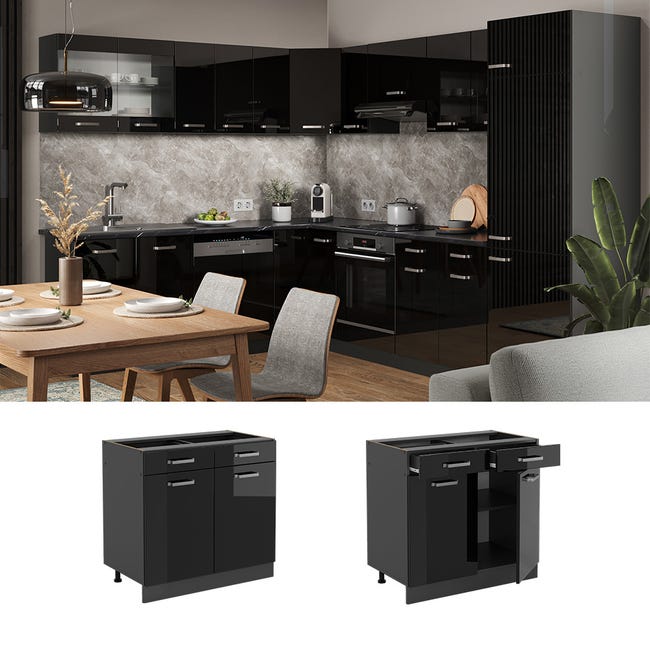 Vicco Mobiletto Base Cucina R-Line - Nero Lucido/Quercia Dorata, 80 Cm Senza Piano, Modulare E Moderno - Foto 2