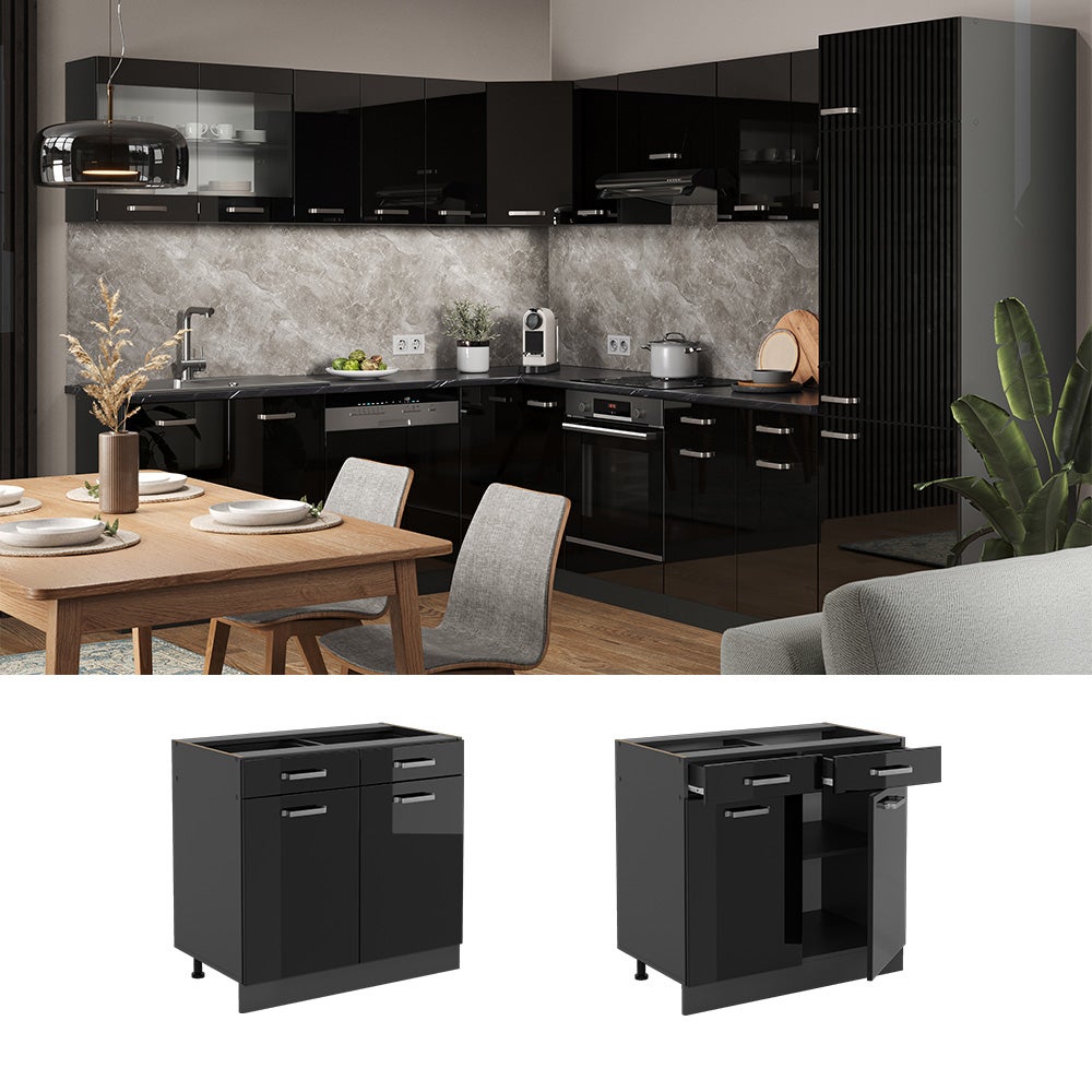 Vicco Meuble cuisine R-Line, Noir Haute brillance, 80cm , PT Chêne - 2