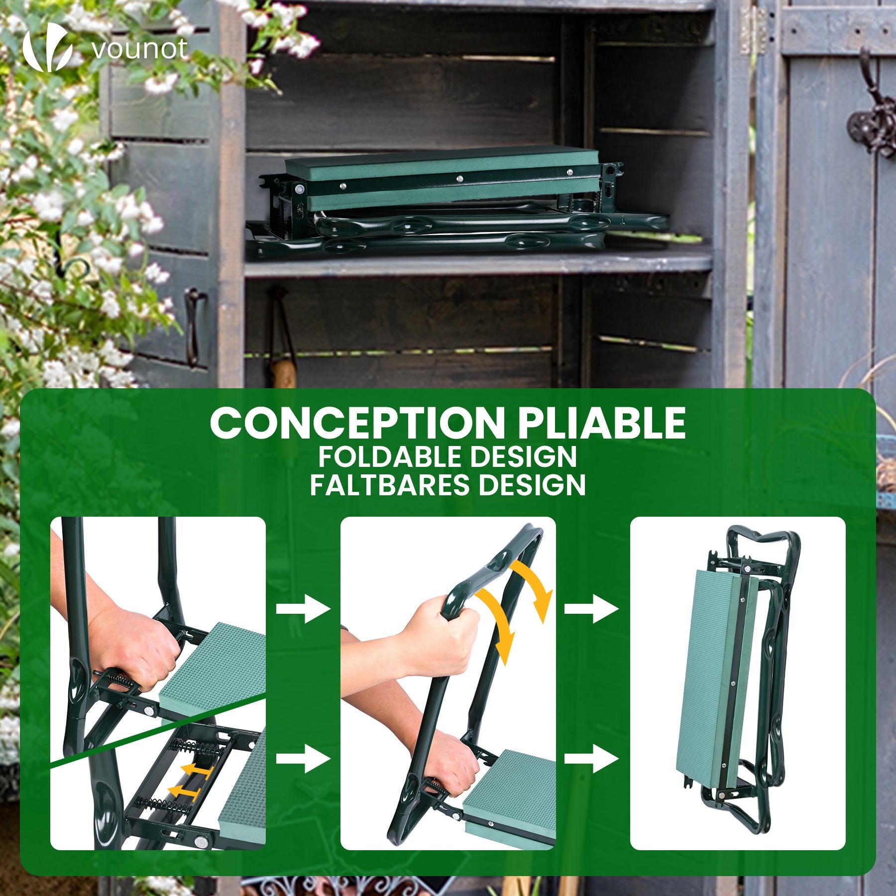 Agenouilloir tabouret de jardin 2 en 1 pliable - Banc de jardinage avec pochette de rangement et coussin EVA vert - VOUNOT® - 6