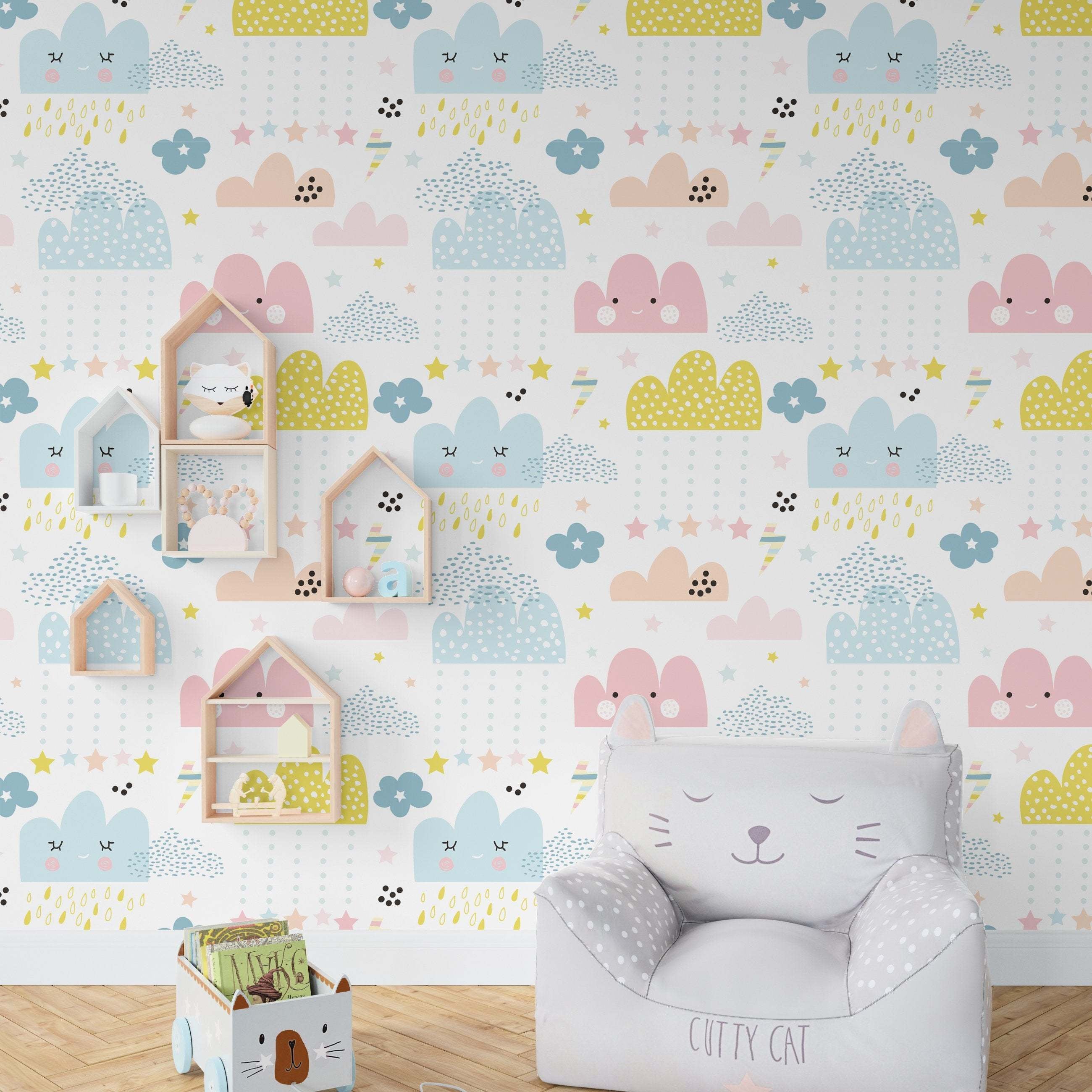 Papel autoadhesivo infantil nubes azul rosa y amarillo lavable y removible - 1 rollo 50x300 cm - decochic