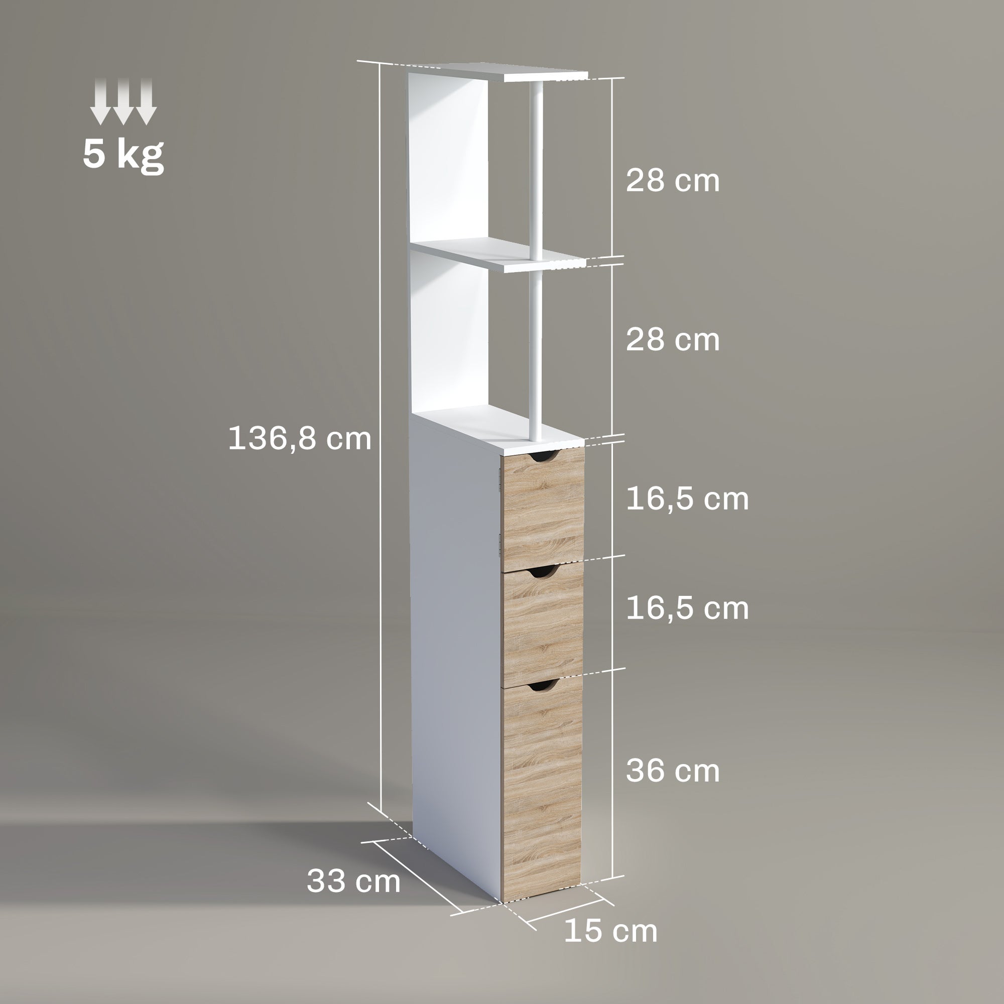 Meuble colonne salle de bain armoire de salle de bain avec tiroirs étagères ouvertes placard 15 x 33 x 136,8 cm blanc - COMFORTXL - 5