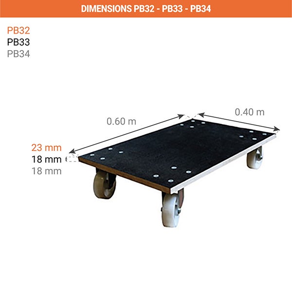 Plateau roulant bois 600x400mm - Roues caoutchouc - Charge max. 350kg - PB34 - 4