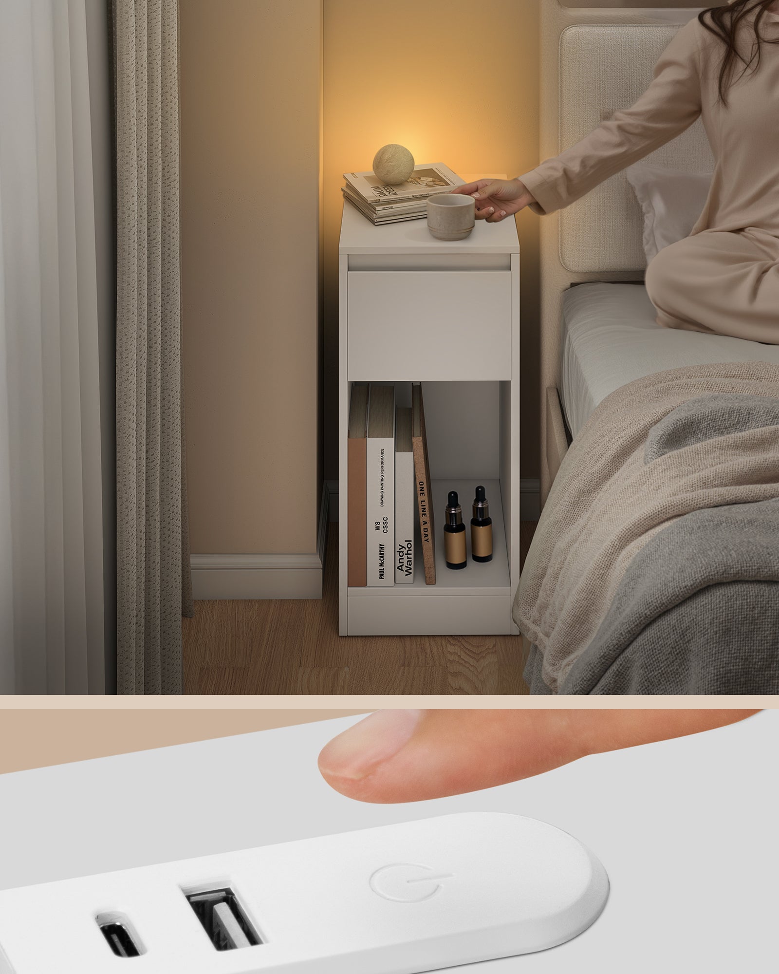 Juego de 2 Mesitas de Noche Estrechas, con LED, USB-A y USB-C, Cajón y Compartimento, Blanco - 4