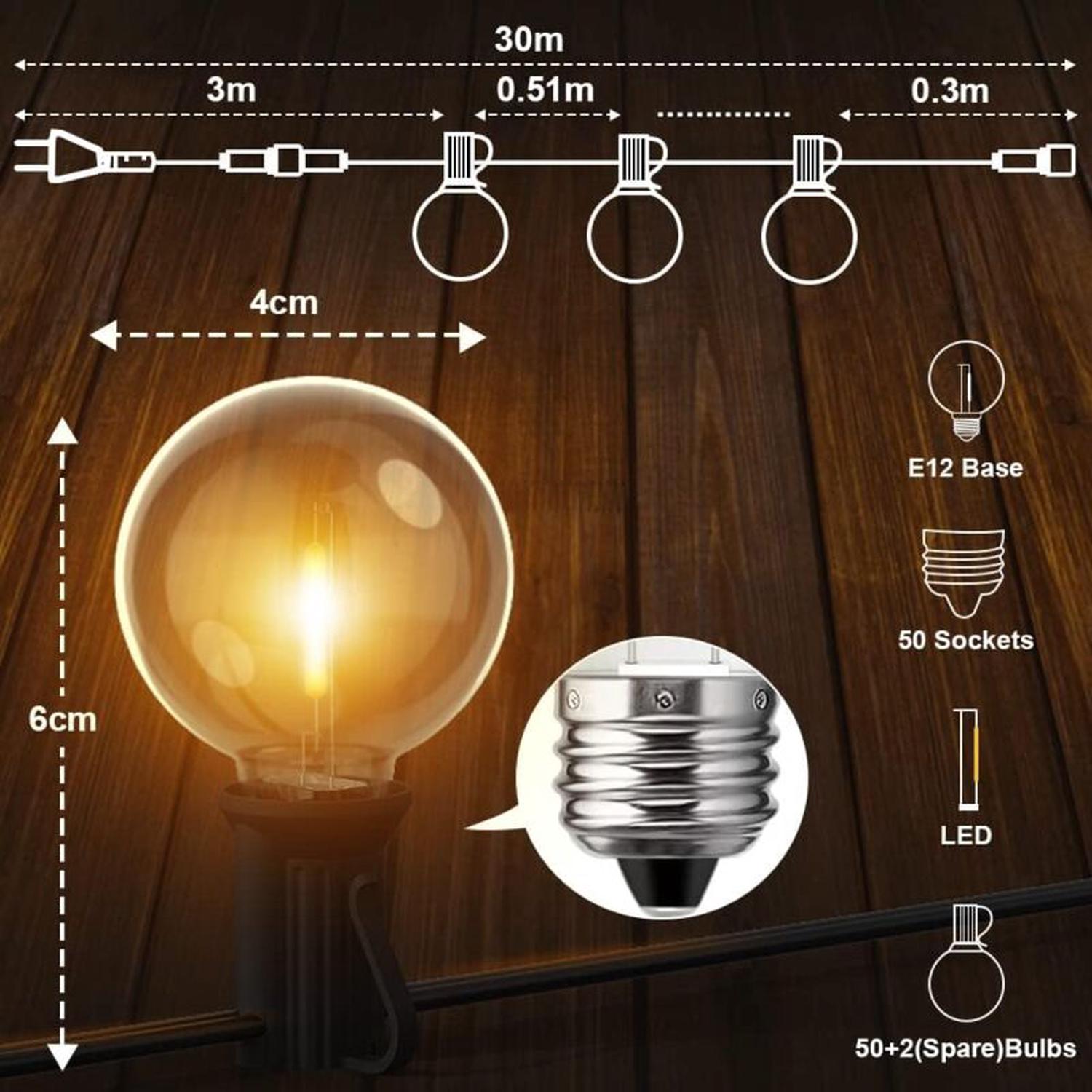 Guirlande Guinguette Extérieure, 30M LED Guirlande Avec 50+2 Guirlande Ampoule Incassables, IP44 étanche Guirlande Guinguette LED pour Terrasse - 5