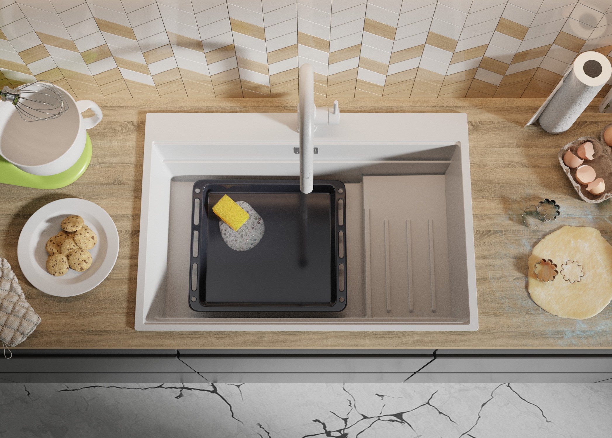 Evier Cuisine en Granit Blanc 78x53cm, Lavabo 1 bac + Kit de Vidage + Accessoires, Évier à Encastrer au meuble 80cm - Oslo Max PRIMAGRAN - 8