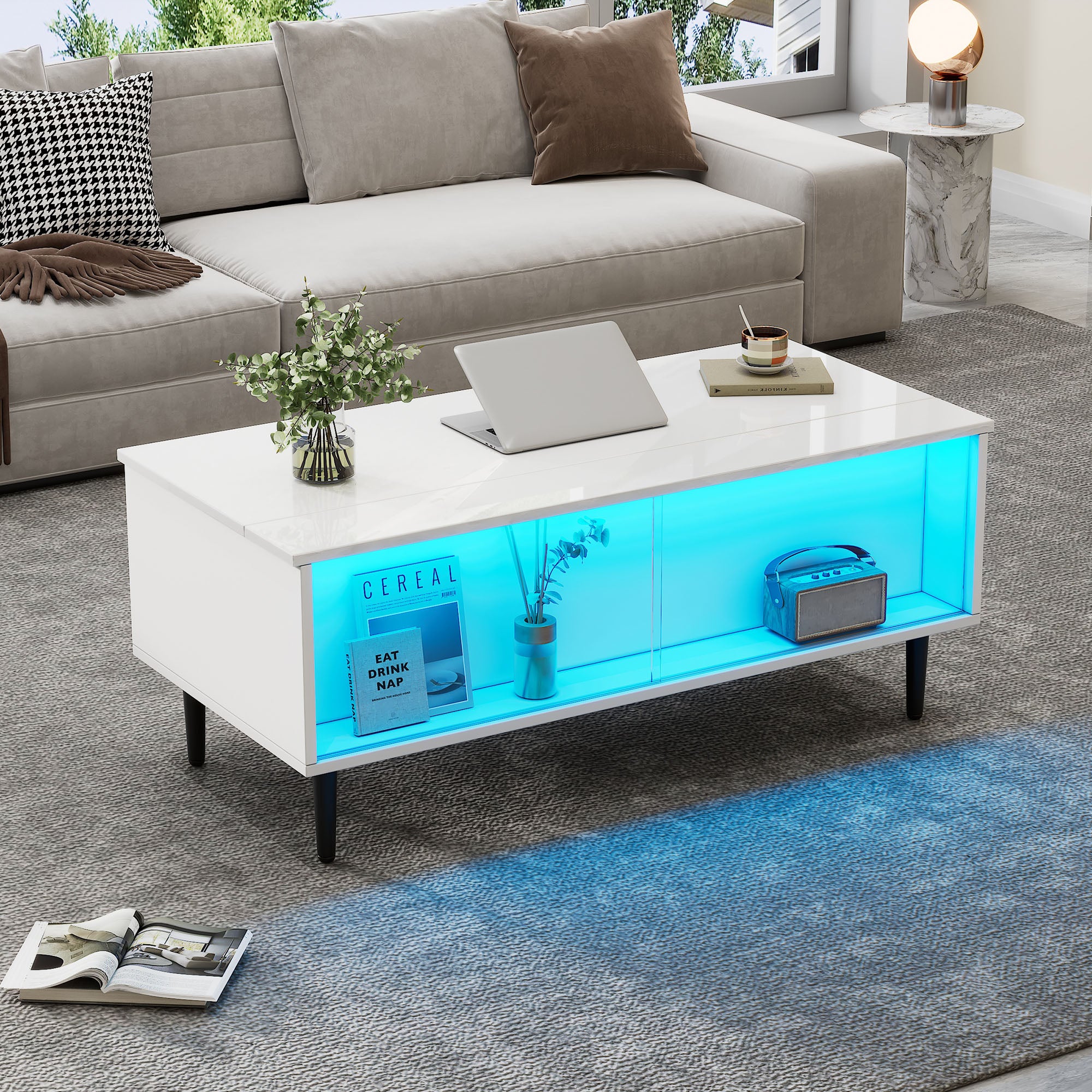 Table Basse 105x50x43 Cm Réglable En Hauteur Avec LED, Rangements