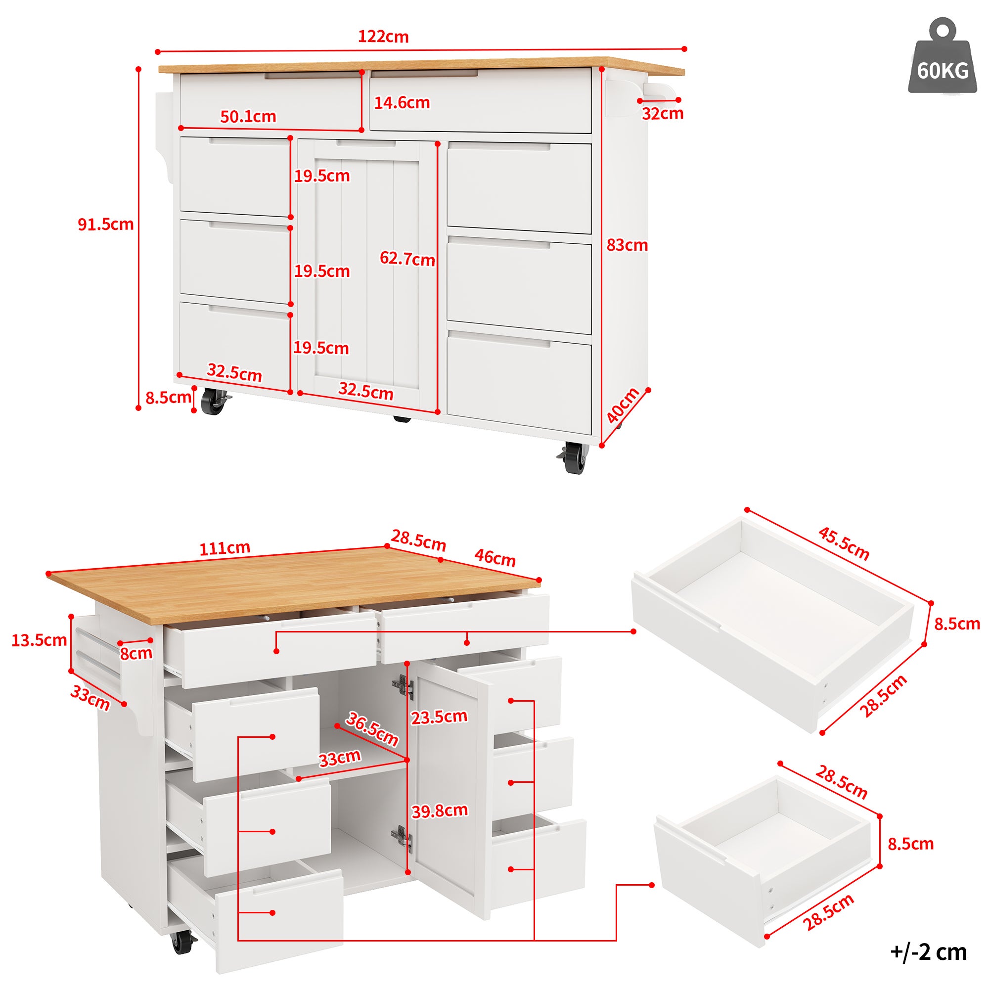 Îlot de cuisine avec 8 tiroirs, table à manger extensible 122x46-74.5x91.5 cm, meuble rangement mobile avec plateau MDF et roulettes, blanc - 6