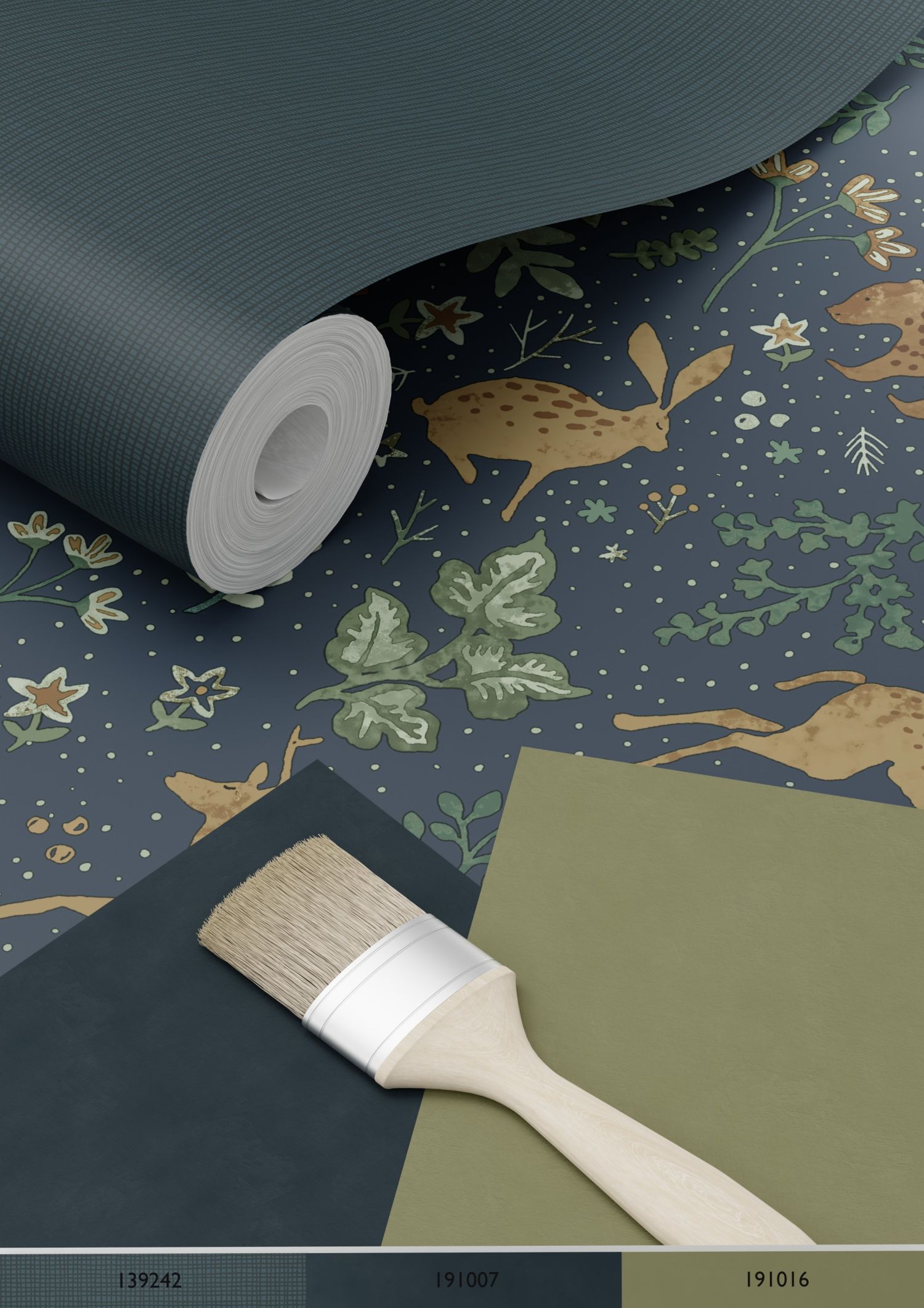 Papier peint forêt avec des animaux de la forêt bleu foncé et beige - 53 cm x 10.05 m - ESTAhome - 5